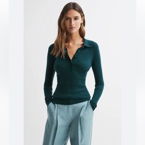 Women's REISS Sienna Ribbed Space Wool Polo Shirt Top in Teal Green, Size Large